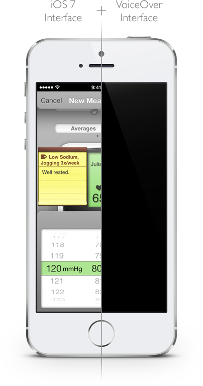 Illustration of iOS 7 and VoiceOver interfaces in Blood Pressure app