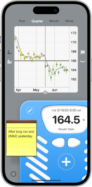 Weight Stats app running on iPhone 14 Pro